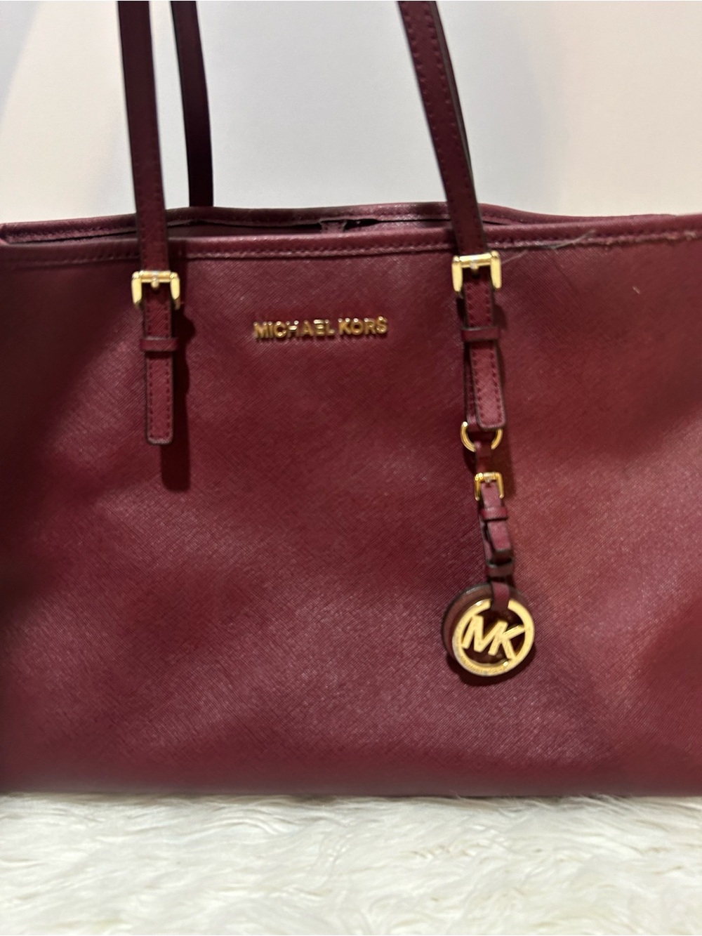 Michael Kors Wine Jet Set Travel Saffiano Leather Tote with Gold Logo Charm